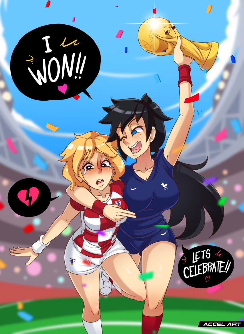 2018_fifa_world_cup 2girls accelart big_ass big_breasts celebration croatia crying_with_eyes_open cup football_uniform france imminent_sex national_personification stadium thighs winner world_cup yuri