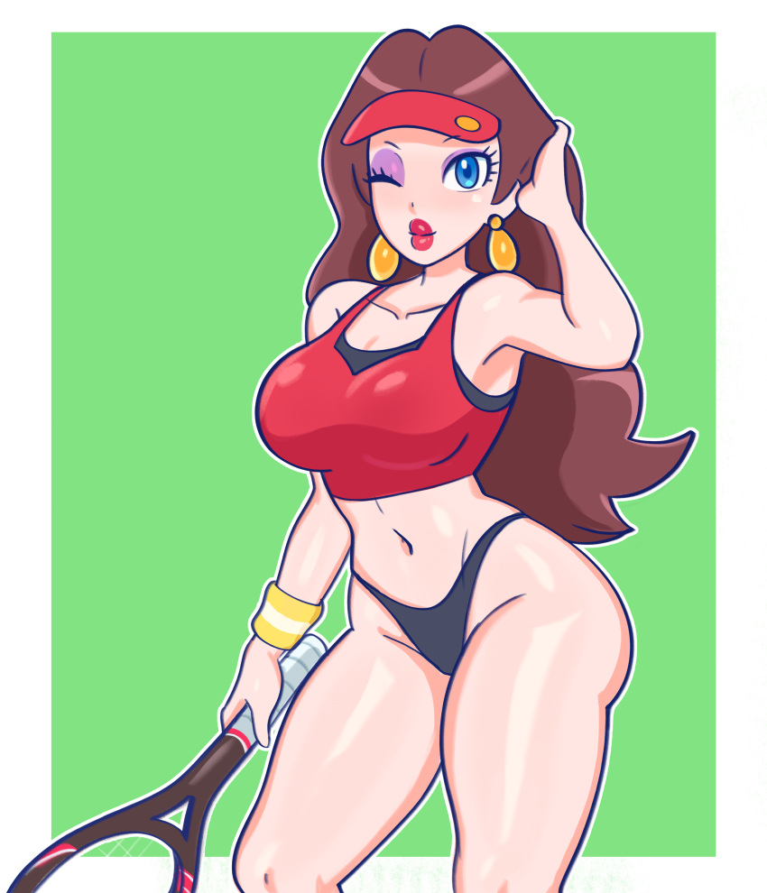 1girls bare_shoulders black_panties blue_eyes breasts brown_hair crop_top curvy dick_sucki dick_sucking_lips earrings eyeliner eyeshadow female female_only green_background large_breasts light-skinned_female light_skin lips lipstick long_hair looking_at_viewer luma_draws mario_(series) mario_tennis midriff nintendo one_eye_closed panties pauline purple_eyeshadow red_lipstick simple_background solo sports_bra standing tagme teardrop_earrings tennis_racket thick thick_hips thick_thighs thighs thong visor white_border wide_hips wristband