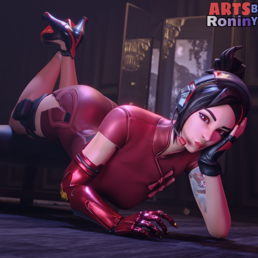 1girls 3d artsbyronin ass ass_up black_hair blender clothed clothing demi_(fortnite) detailed_background dress epic_games female female_focus female_only fortnite gloves handwear headgear headset headwear high_heels light-skinned_female light_skin looking_at_viewer pose posing prosthetic prosthetic_arm red_eyes robotic_arm shoes smile smiling solo solo_focus tattoo tattooed_arm watermark