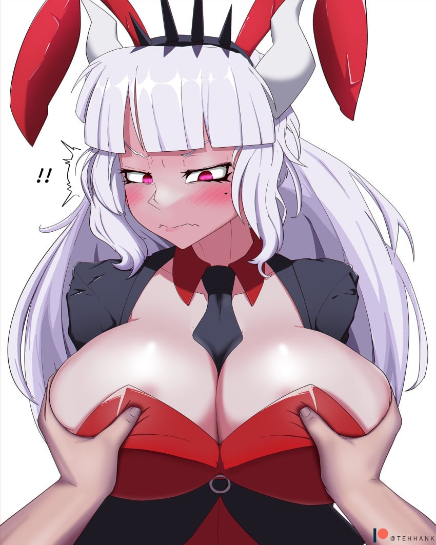 1girls big_breasts blush bunny_ears bunnysuit clothing female helltaker horns light-skinned_female light_skin lucifer_(helltaker) mole mole_under_eye red_eyes tehhank white_hair