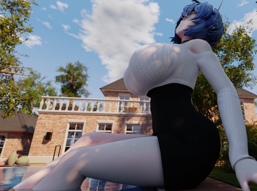 1girls 3d 3d_(artwork) benevolent_bunny big_breasts blue_hair breasts daytime female giantess light-skinned_female medium_hair original original_character outside solo solo_female