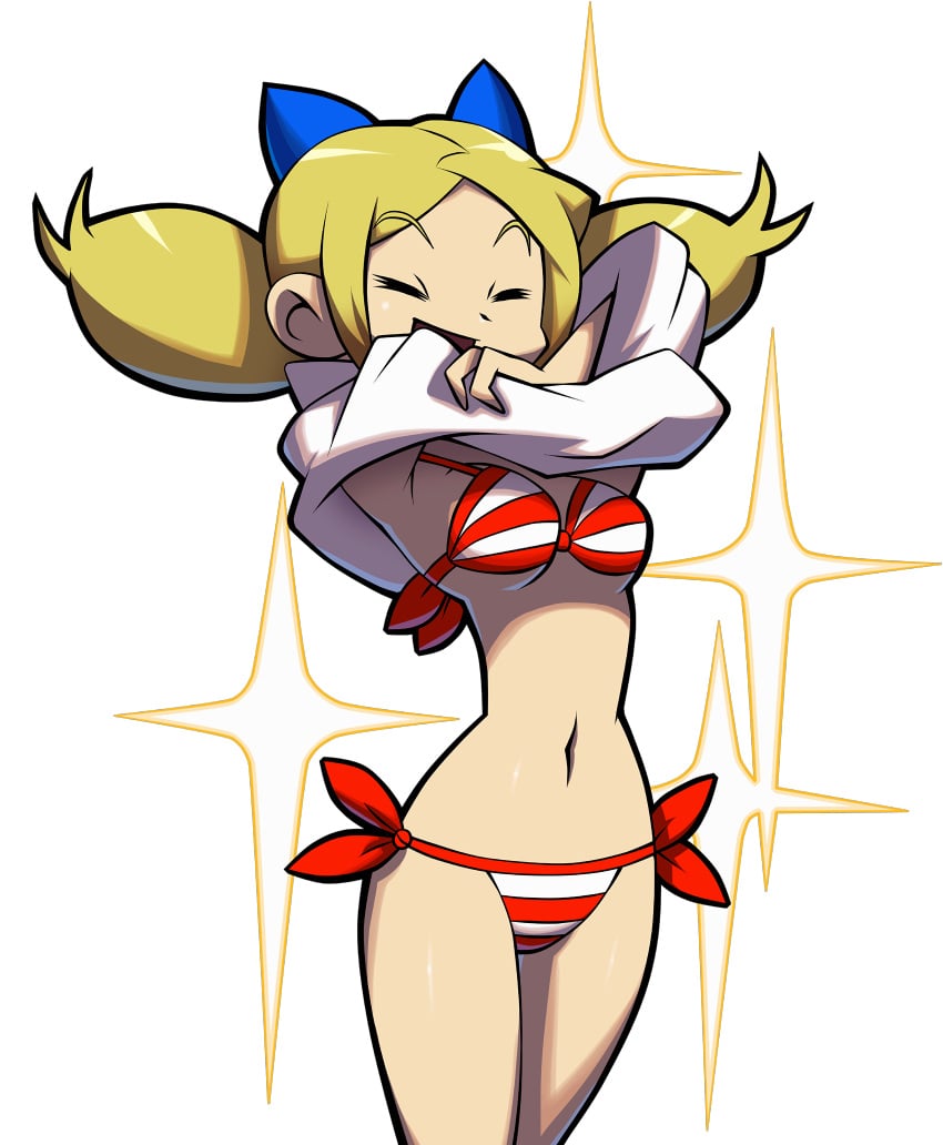 1girls big_breasts bikini blonde_hair bow breasts busty cleavage closed_eyes clothes_lift female female_only kou_(makoto_yabe) large_breasts long_hair narrow_waist navel official_art open_mouth red_bikini shantae shantae_and_the_pirate's_curse shirt_lift smile smooth_skin solo sparkle sparkle_background striped striped_bikini swimsuit transparent_background twintails twitch_(shantae) undressing