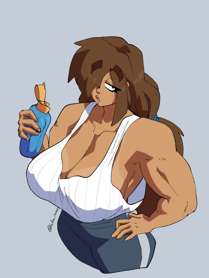 big_breasts brown_hair coolerinker dark_skin eyelashes hand_on_hip hi_res inker_comics inkershike liz_(inkershike) long_hair muscular_female original original_character ponytail simple_background slim_waist sportswear tanktop tanline