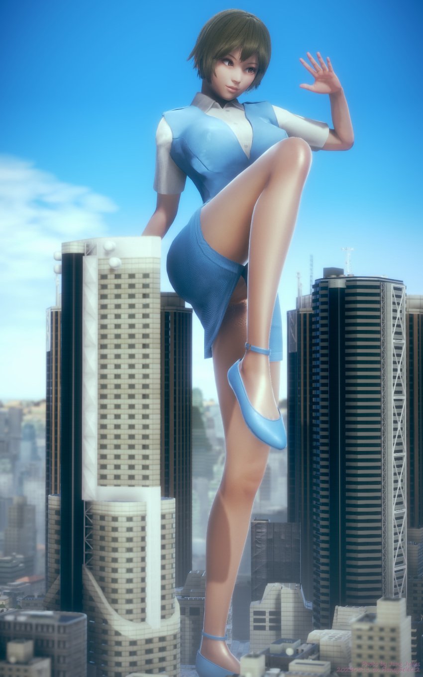 1girls 3d asian asian_female bare_thighs blue_dress brown_eyes brown_hair brown_hair_female building buildings city female flats giantess junejukes lifting_leg light-skinned_female office_dress office_lady original solo solo_female thighs