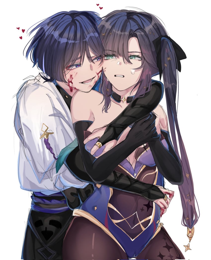 1boy 1girls arm_around_waist bangs blood blood_on_face breast_grab breast_squeeze cameltoe female fringe genshin_impact gloves grabbing_from_behind grope groping groping_breast groping_breasts groping_from_behind heart-shaped_pupils hearts_around_head hearts_in_eyes hugging hugging_from_behind leotard long_hair male male/female mona_(genshin_impact) necktie_iv14 possessive scaramouche_(genshin_impact) straight tight_clothing yandere