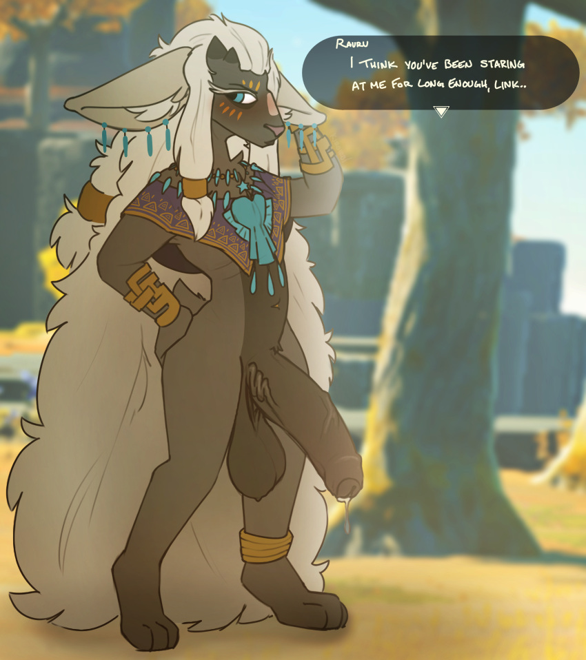 absurd_res anklet anthro balls big_ears big_penis blue_eyes bodily_fluids chest_tuft ear_piercing ear_ring eyelashes foreskin fur genitals grey_body grey_fur hair hi_res huge_cock inner_ear_fluff jewelry kirbirb long_hair male male_only nintendo offscreen_character penis piercing rauru_(tears_of_the_kingdom) ring_piercing solo sweat sweaty_balls sweaty_genitalia tears_of_the_kingdom text the_legend_of_zelda tied_hair tuft wristwear zonai