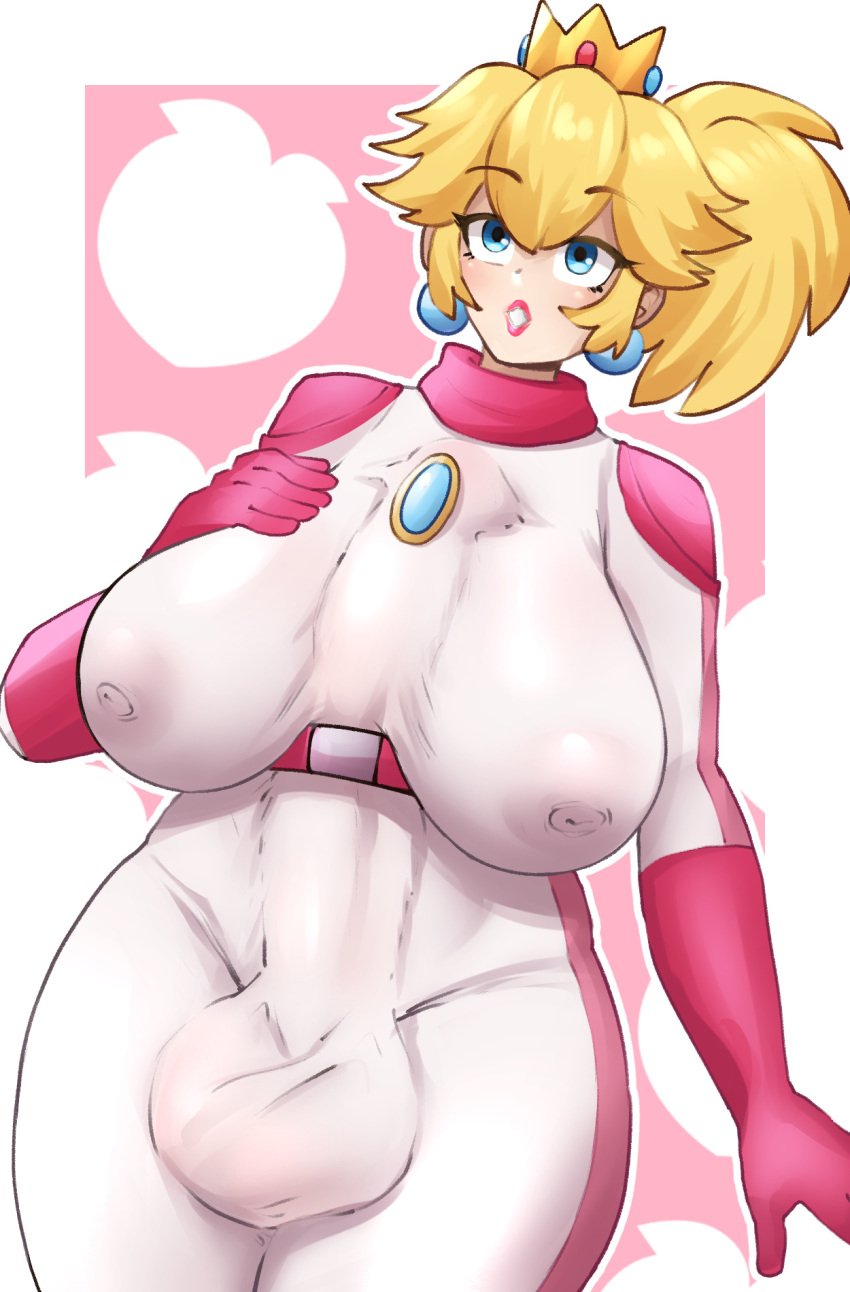 1futa anestesiaz autopaizuri autopaizuri_under_clothes balls big_balls big_breasts blonde_hair blue_eyes blush bodysuit breasts bulge bulge_through_clothing clothed clothing dickgirl earrings erection erection_under_clothes fully_clothed futa_only futanari huge_cock human hyper_penis light-skinned_futanari light_skin lips mario_(series) nipple_bulge nipples nipples_visible_through_clothing peach_(fruit) penis penis_bigger_than_body ponytail princess_peach red_lipstick self_upload simple_background skin_tight solo standing super_mario_bros._(2023_film) thick_thighs tied_hair tight_clothing wide_hips