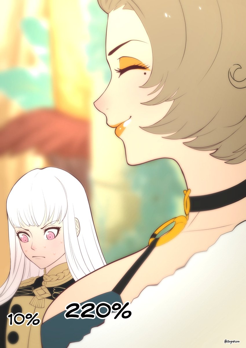 2girls alternate_version_available breast_awe breast_envy cleavage eyeshadow female female_only fire_emblem fire_emblem:_three_houses girl_staring_at_guy's_chest huge_breasts light-skinned_female lipstick lysithea_von_ordelia manuela_casagranda meme more_at_source nintendo orange_eyeshadow orange_lips orange_lipstick shynrinn side_eye smile yuri