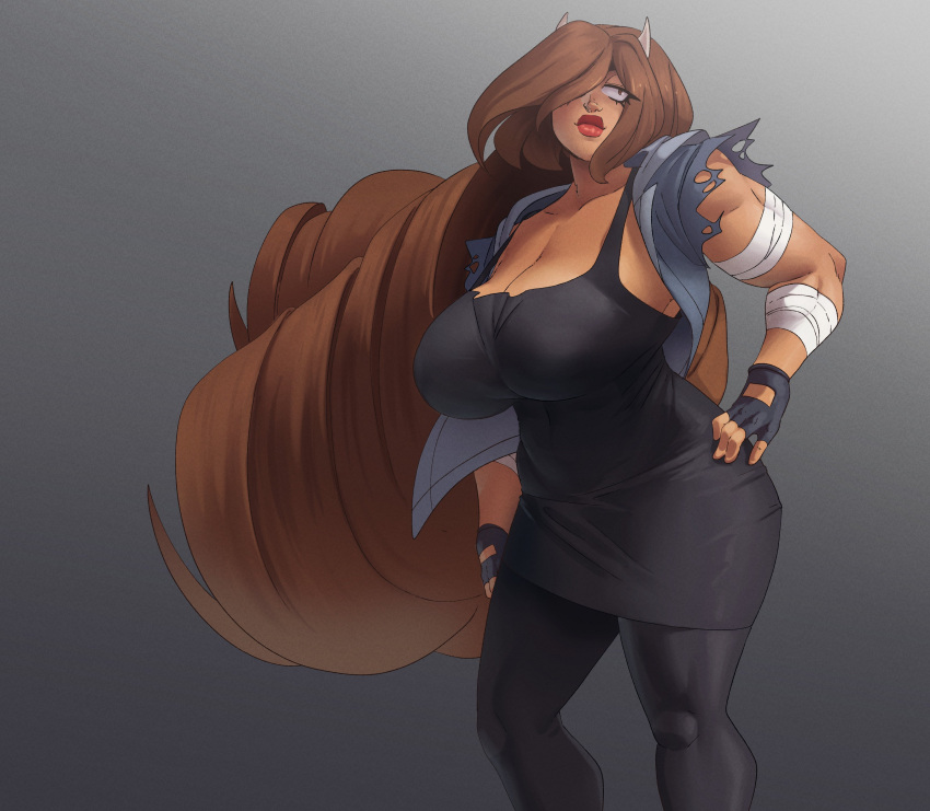 bandaged_arm big_breasts brown_hair coolerinker dark-skinned_female dark_skin extremely_long_hair eyelashes fingerless_gloves gloves hand_on_hip hi_res horns inker_comics inkershike leggings liz_(inkershike) long_hair muscular_female original original_character simple_background slim_waist thick_lips voluptuous wide_hips