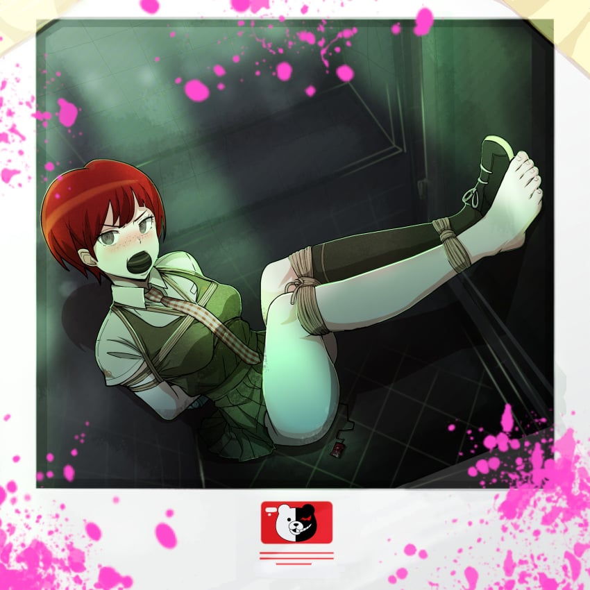 arms_tied_behind_back bondage bound_ankles bound_legs danganronpa danganronpa_2:_goodbye_despair female_only gag gagged grey_eyes koizumi_mahiru looking_at_viewer monokuma one_shoe red_hair sock_in_mouth sock_removed straight_hair stuffed_mouth_gag tiedtiki