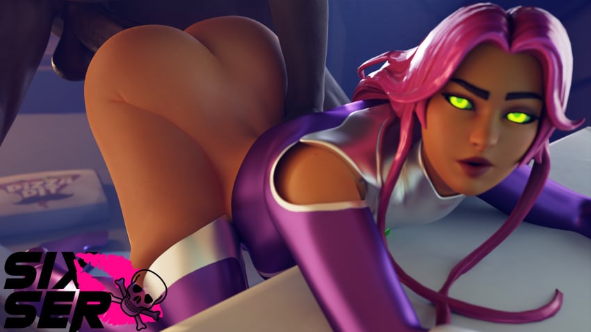 3d bent_over bottomless brown_skin dark-skinned_male dark_skin dc dc_comics doggy_style fortnite fortnite:_battle_royale green_eyes interracial long_hair looking_at_viewer pink_hair sixser starfire starfire_(fortnite) teen_titans