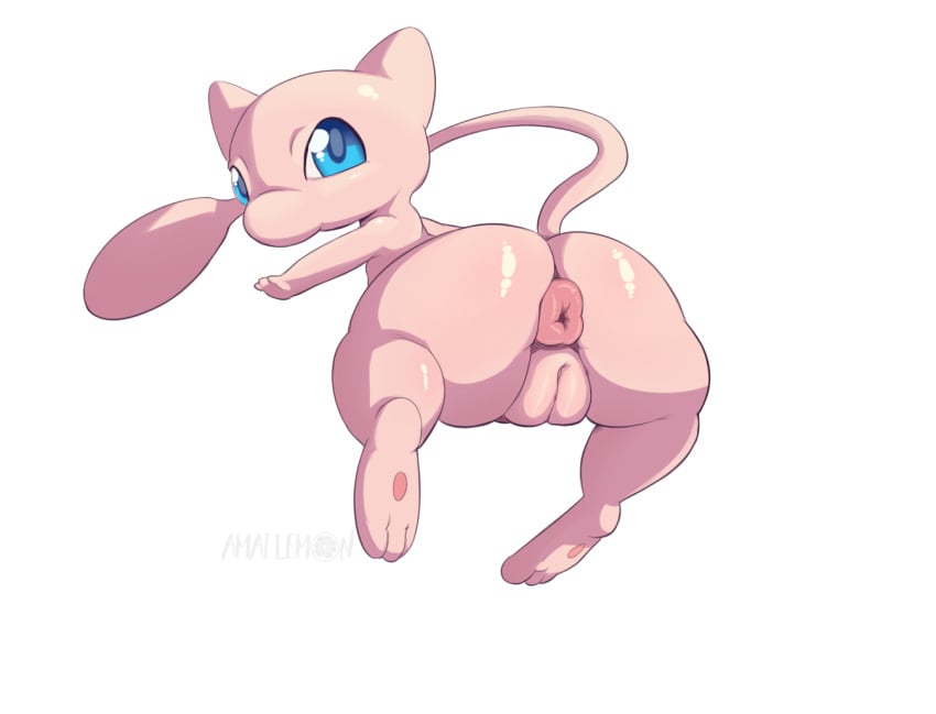 amailemon anus ass ass_up big_anus big_butt blue_eyes butt_focus female feral fur generation_1_pokemon genitals huge_butt legendary_pokemon looking_at_viewer looking_back mew mew_(pokemon) nintendo pink_anus pink_body pink_fur pink_pussy pokemon pokemon_(species) pussy rear_view simple_background solo tail thick_thighs