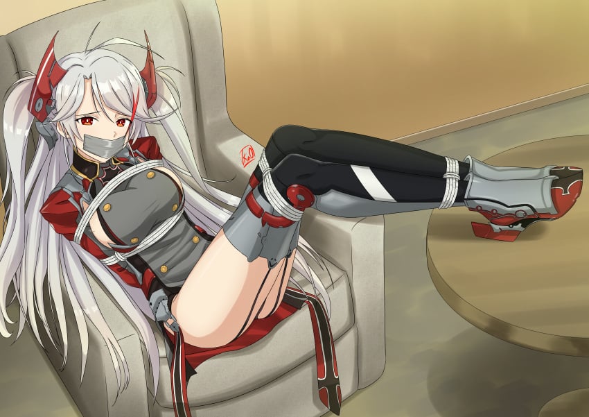 1girls azur_lane bondage bound gag gagged looking_at_viewer prinz_eugen_(azur_lane) tape_gag taped_mouth vakaosciosa