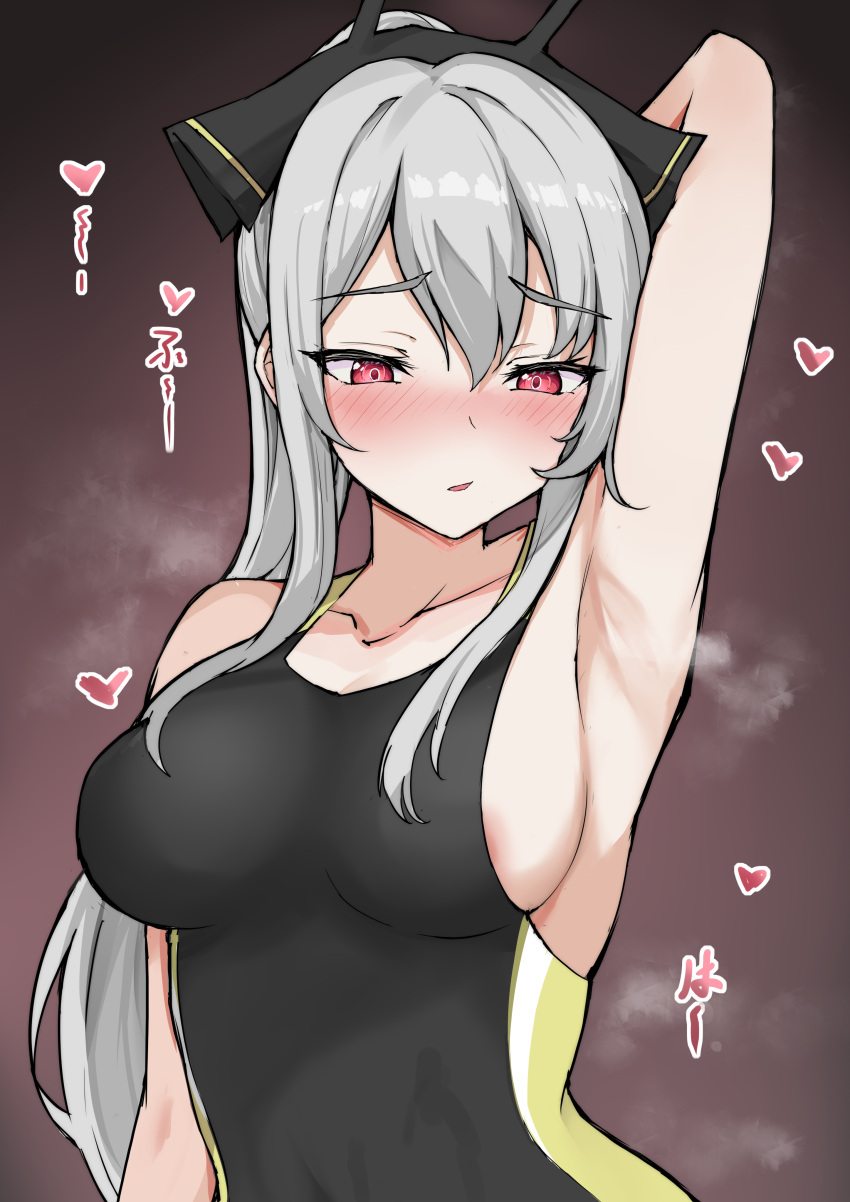 1boy absurdres arknights arm_up armpits black_one-piece_swimsuit blush breasts brown_background collarbone commentary_request competition_swimsuit female grey_hair highres large_breasts long_hair looking_at_viewer mango_(mgo) motion_lines one-piece_swimsuit partial_commentary ponytail red_eyes sidelocks simple_background steaming_body straight swimsuit trembling upper_body weedy_(arknights)