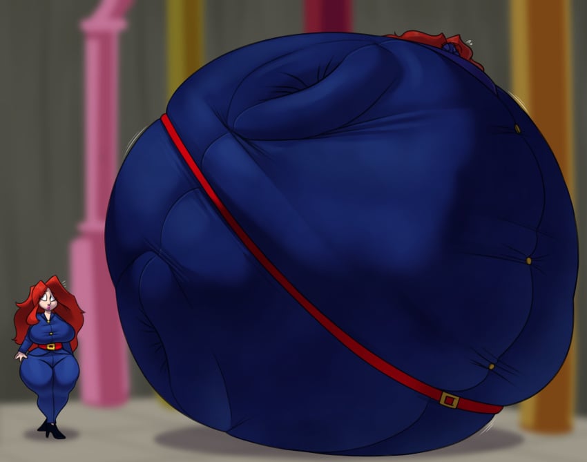 belt belt_buckle big_breasts blueberry_inflation breasts chipchell cinched human human_only long_hair red_hair spherical_inflation sunken_head sunken_limbs thick_thighs violet_beauregarde_(cosplay) wide_hips willy_wonka_and_the_chocolate_factory