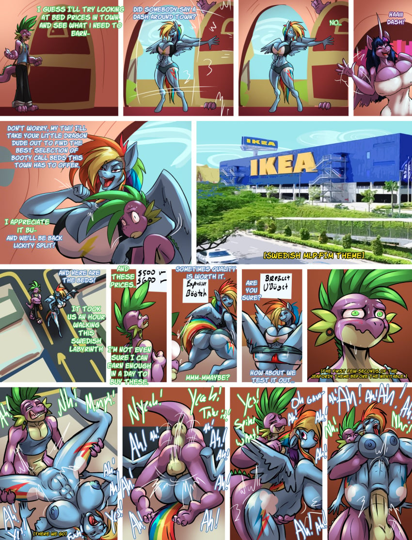 2023 aged_up anthro anthro_penetrated areola balls breasts closed_eyes clothing comic cutie_mark dialogue digital_media_(artwork) dr_awesomelbs english_text equid equine female female_penetrated fingers friendship_is_magic genitals hasbro hi_res male male/female male_penetrating male_penetrating_female mammal mating_press my_little_pony nipples open_mouth pegasus penetration penis pussy rainbow_dash_(mlp) scalie sex smooth_skin spike_(mlp) text thebigbadwolf01 twilight_sparkle_(mlp) vaginal_penetration wings