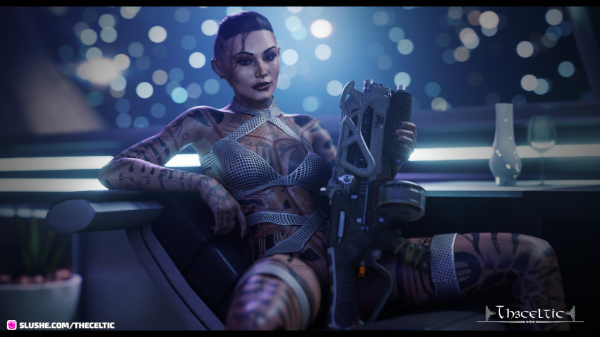 1girls 2023 3d alternate_version_available artist_logo black_hair depth_of_field fanart female female_only full-body_tattoo full_body_tattoo gun holding_gun holding_object holding_rifle holding_weapon indoors jack_(mass_effect) looking_at_viewer mass_effect medium_breasts nipple_bulge nipples_visible_through_clothing realistic sci-fi science_fiction seated short_hair sitting small_breasts solo solo_female spread_legs straps tattoo theceltic wine_glass