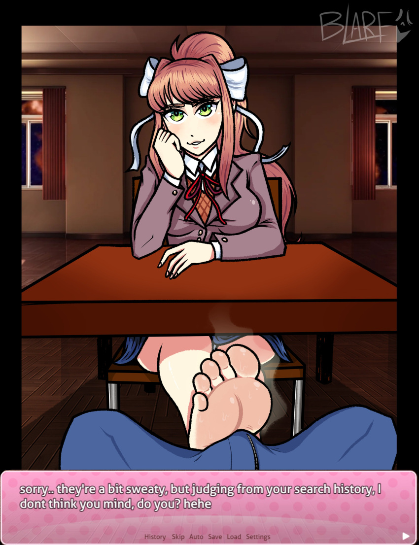 1girls blarf022 bulge doki_doki_literature_club feet female foot_fetish footjob looking_at_viewer monika_(doki_doki_literature_club) musk pov smell smelly smelly_feet sweat teasing