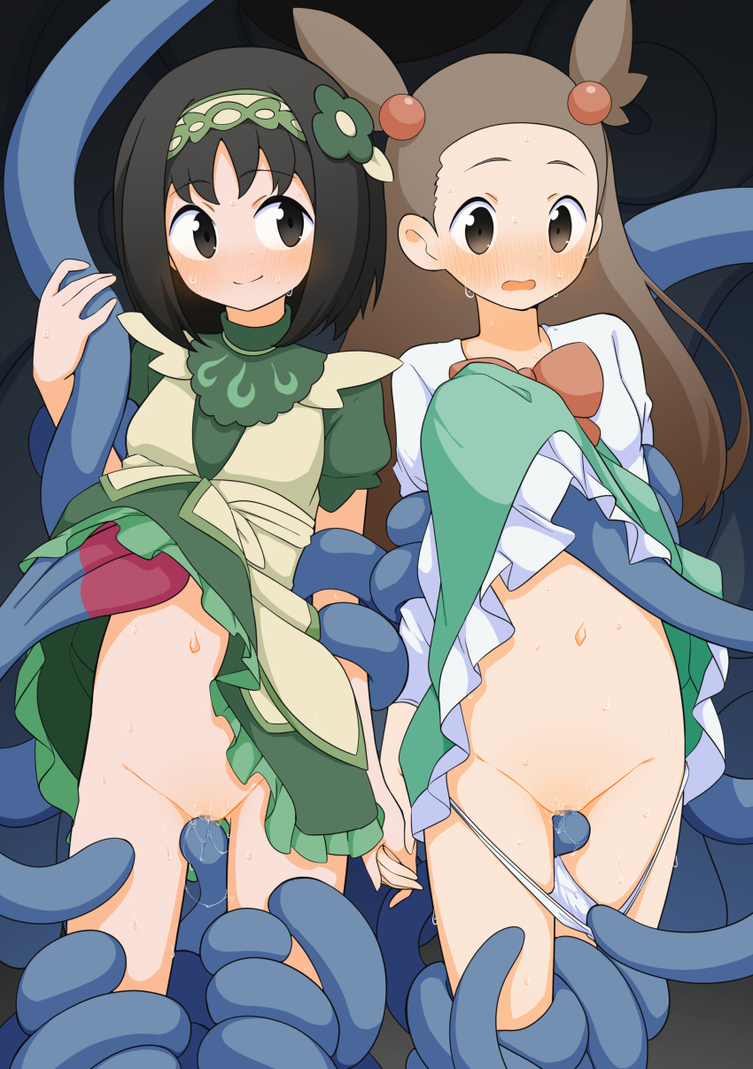 2girls absurdres black_hair blush breasts brown_eyes brown_hair closed_mouth clothed_female clothed_sex clothes_lift commentary_request dress dress_lift erika_(pokemon) erika_(sygna_suit)_(pokemon) ex_serious_costume_erika ex_style_(pokemon_masters) ex_sygna_suit_erika femsub flower green_dress green_flower green_hairband hair_bobbles hair_flower hair_ornament hairband hand_up highres holding_hands imminent_penetration imminent_sex imminent_vaginal jasmine_(pokemon) long_hair looking_down luke_(b10a3123m) multiple_girls navel no_panties official_alternate_costume panties panty_pull pokemon pokemon_(game) pokemon_(species) pokemon_hgss pokemon_masters pokemon_masters_ex pokephilia pussy serious_costume_erika sideways_glance smile standing_sex sweat sygna_suit_erika tangrowth tentacle tentacle_bondage tentacle_sex two_side_up underwear white_panties