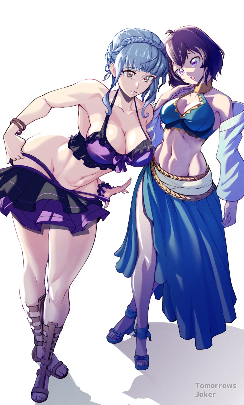 2girls alternate_costume bikini black_hair blue_bikini blue_hair blue_swimsuit breasts cleavage cosplay female female_only fire_emblem fire_emblem:_three_houses fire_emblem_awakening fire_emblem_heroes gladiator_sandals large_breasts marianne_von_edmund marianne_von_edmund_(cosplay) medium_breasts medium_hair morgan_(fire_emblem) morgan_(fire_emblem)_(female) nintendo purple_bikini purple_eyes purple_swimsuit sandals sarong short_hair simple_background swimsuit tomorrowsjoker undressing white_background wide_hips