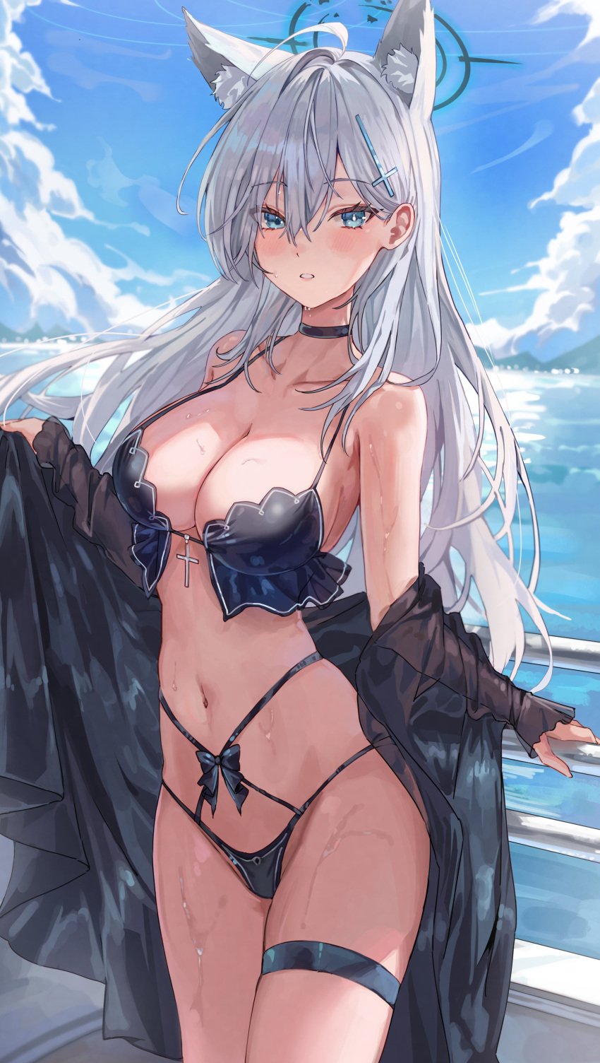 animal_ears artist_request bikini black_bikini black_halo black_swimsuit blue_archive blue_eyes boat clouds different_colored_pupils halo on_boat railing sea shiroko_(blue_archive) shiroko_(terror)_(blue_archive) silver_hair sky swimsuit tagme white_pupil wolf_ears wolf_girl