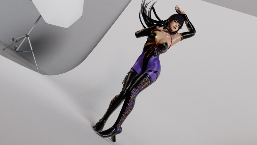 3d ass ass_focus boots breasts dead_or_alive dead_or_alive_5 kktzane leather nyotengu pantyhose photoshoot pose seductive sexy_armpits shiny_skin thighs