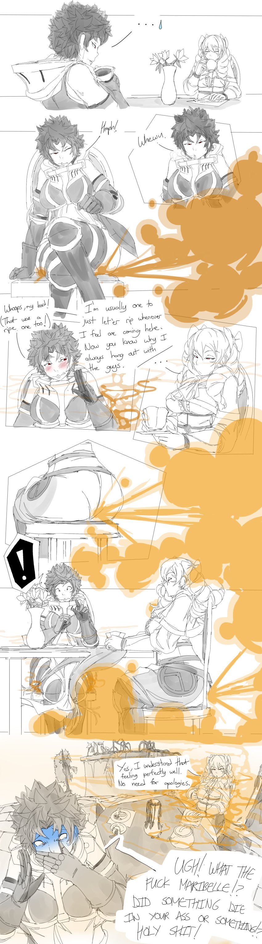 2girls big_butt disgusted drinking_tea english_text fart fart_cloud farting female_only fire_emblem fire_emblem_awakening flowers lazei maribelle_(fire_emblem) sketch sully_(fire_emblem) tea tears text uncolored wilting_flowers wilting_plants