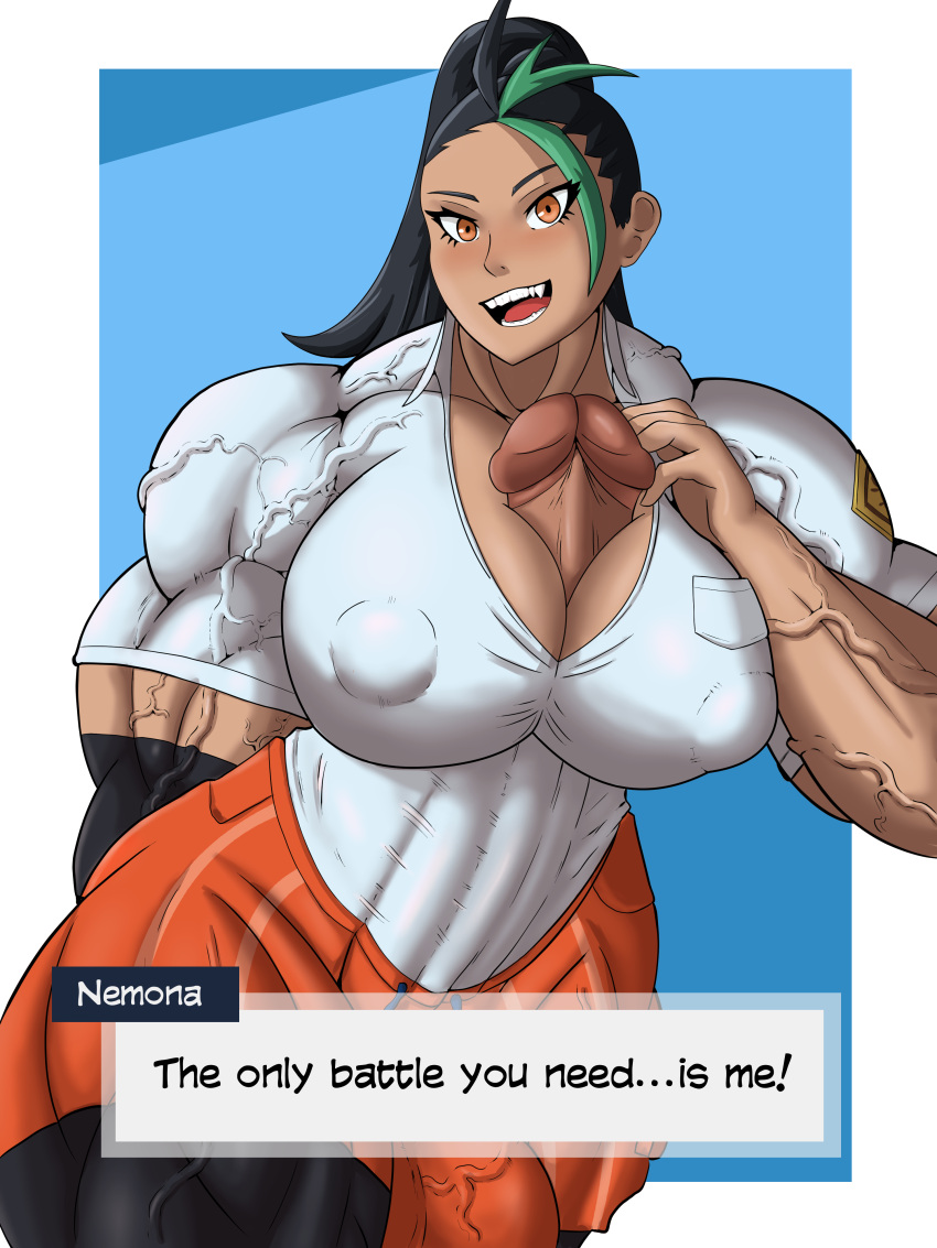 1futa autopaizuri autopaizuri_under_clothes balls black_hair breasts casual_autopaizuri clothed clothing dark-skinned_futanari dark_skin erection extreme_muscles futa_only futanari gigantic_penis hazel_iic huge_balls huge_breasts huge_cock human hyper_breasts long_hair mostly_clothed muscular_futanari nemona_(pokemon) penis pokemon pokemon_sv solo standing thick_thighs veiny_muscles wide_hips