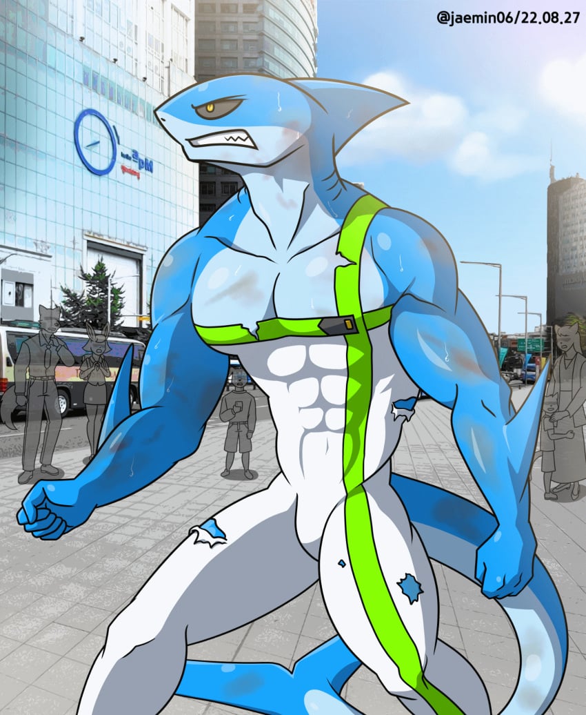 2_penises abs alkan animated anthro big_pecs blue_body bodily_fluids city city_background clothed clothing cum diphallia diphallism erection fish genital_fluids genitals hi_res kashiver male marine multi_genitalia multi_penis multicolored_body muscular muscular_anthro muscular_male navel nipples nude nude_anthro nude_male open_clothing pecs penis pink_penis shark slit solo sweat tears two_tone_body yellow_eyes