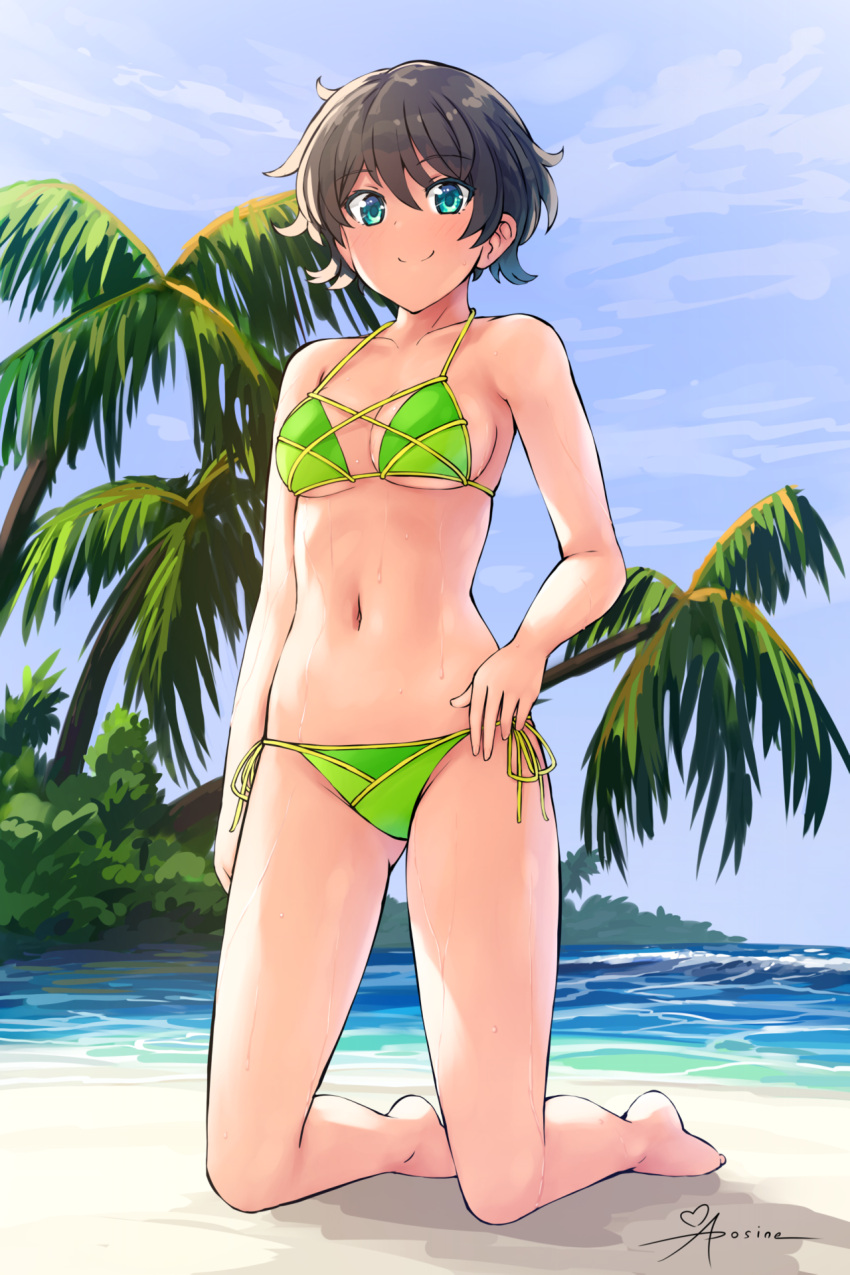 1girls anime_nose aposine apple_green_clothing beach bikini breasts brown_hair cleavage dark_hair feet female female_only green_bikini green_clothing green_eyes hand_on_hip island kneeling knees legs looking_at_viewer medium_breasts navel ocean on_knees original outdoors palm_tree postcard sensual short_hair short_hair_female side-tie_bikini side-tie_bikini_bottom signature small_breasts smile smiling solo sweat swimsuit thighs tomboy tropical vertical_navel water waves wet_skin yellow_bikini