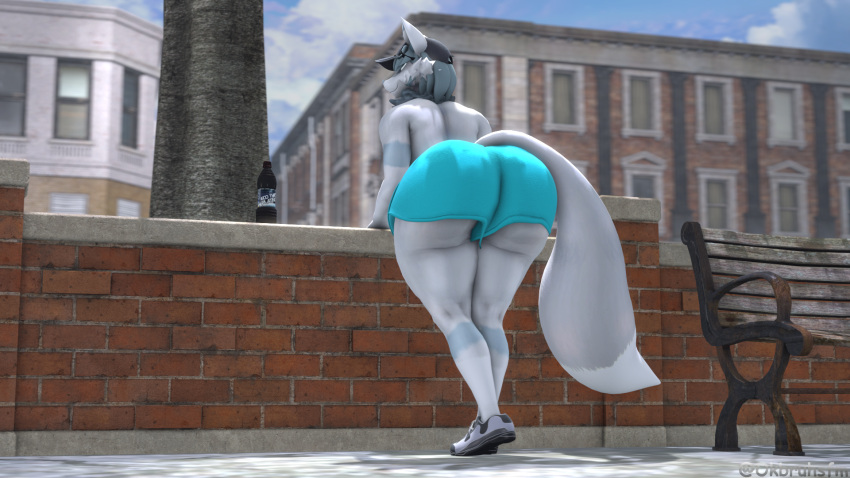 3d_(artwork) anthro ass big_butt bottomwear canid canine clothing digital_media_(artwork) footwear fox fur girly hat headgear headwear hi_res legwear light male mammal no_shirt ok_bruh public shoes shorts solo source_filmmaker sunlight thigh_highs vicente_(okbruh) white_body white_fur