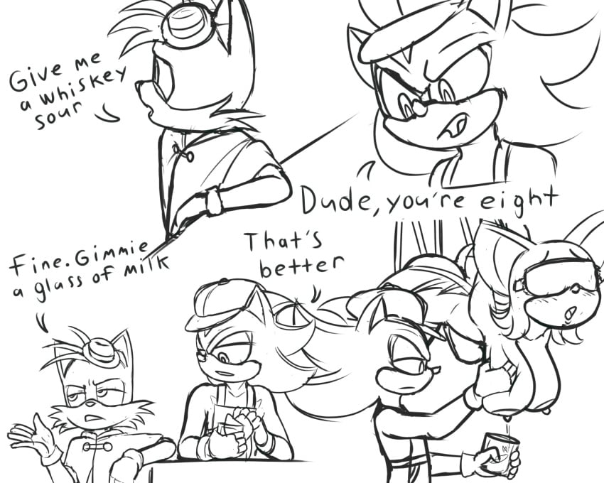 1girls 2boys anthro bar bat blindfold bondage breast_squeeze callmewritefag femsub fox furry hand_milking hedgehog humor lactation maledom milking monochrome rope rope_bondage rouge_the_bat shadow_the_hedgehog sonic_(series) suspended suspension_bondage tails tied_up