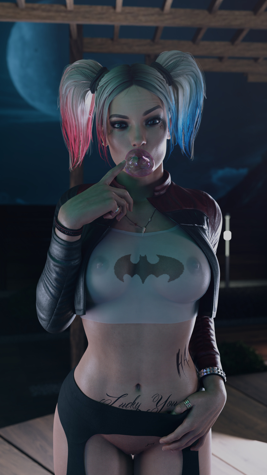 1girls 3d batman_(series) big_breasts blonde_hair blowing_bubblegum dc dc_comics eye_contact female female_only harley_quinn harley_quinn_(injustice) horny_female injustice_2 looking_at_viewer nipples petite pussy seductive_eyes seductive_look solo stockings tattoo teasing three_tone_hair toughcookiesv twintails two_tone_hair visible_nipples