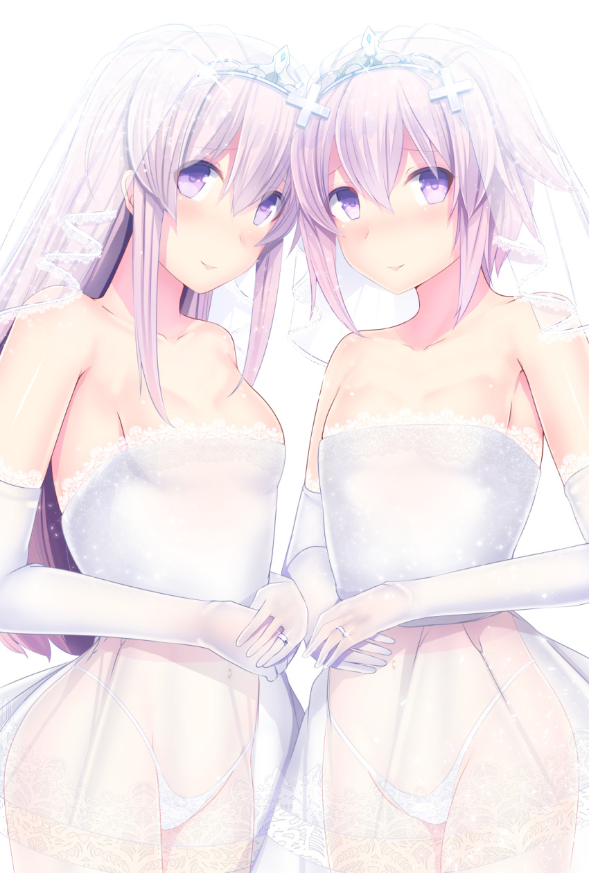 2girls breasts bride d-pad d-pad_hair_ornament daiaru dress elbow_gloves gloves highleg highleg_panties long_hair looking_at_viewer midriff navel nepgear neptune_(neptunia) neptunia_(series) panties purple_eyes purple_hair ring see-through see-through_dress short_hair siblings sisters small_breasts tiara veil wedding_dress wedding_ring wedding_veil white_dress white_panties