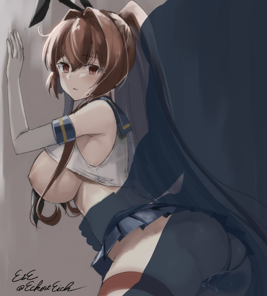 1boy ass black_neckerchief black_panties blue_sailor_collar blue_skirt blush breasts brown_eyes brown_hair commentary_request cosplay crop_top eckert&eich elbow_gloves female gloves highleg highleg_panties highres kantai_collection large_breasts long_hair looking_at_viewer microskirt neckerchief nipples panties penis ponytail sailor_collar sex sex_from_behind shimakaze_(kantai_collection) shimakaze_(kantai_collection)_(cosplay) signature silhouette skirt solo_focus straight striped striped_thighhighs thighhighs thong underwear white_gloves yamato_(kantai_collection)