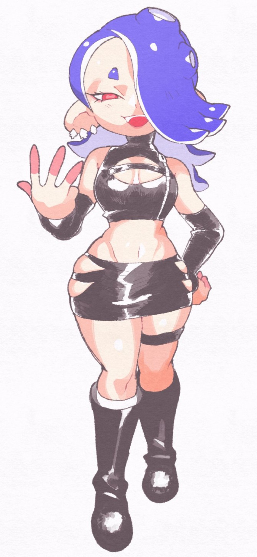 arm_warmers boob_window clothed clothing crop_top female inkuusan octoling one_eye_obstructed shiver_(splatoon) simple_background skirt smile smiling solo solo_female splatoon splatoon_3