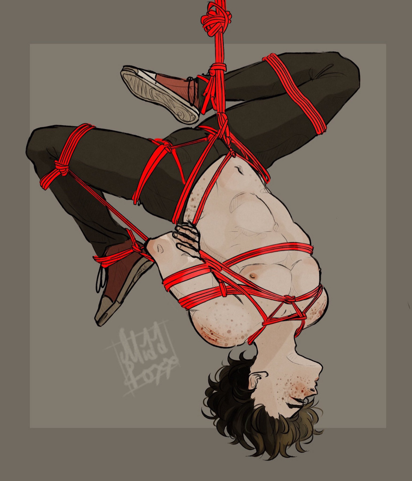 1boy abs bondage bulge bulge_through_clothing izuku_midoriya jeans male male_focus male_only malesub middfoxx my_hero_academia red_rope rope rope_bondage suspended suspended_in_midair suspension suspension_bondage tennis_shoes topless upside-down