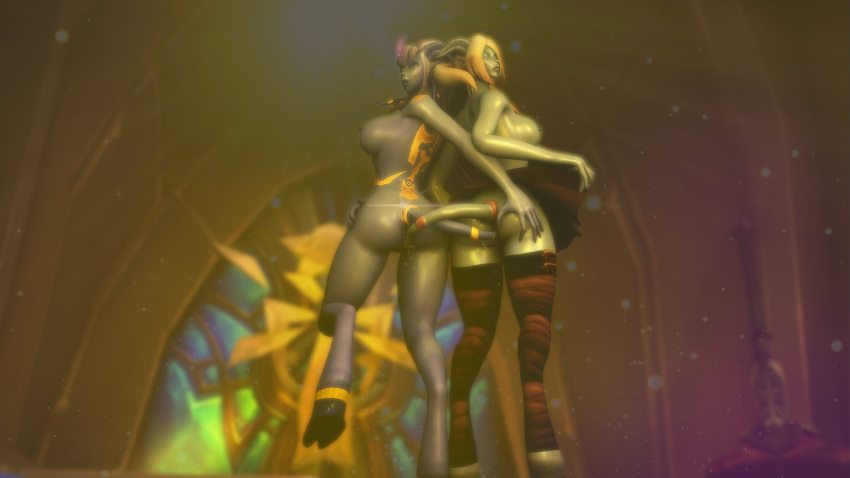 2girls 3d anal_insertion bellakvo big_breasts blizzard_entertainment blonde_hair blue_skin cindyy draenei female female_only lightforged_draenei original_character tail_sex warcraft white_hair world_of_warcraft yuri