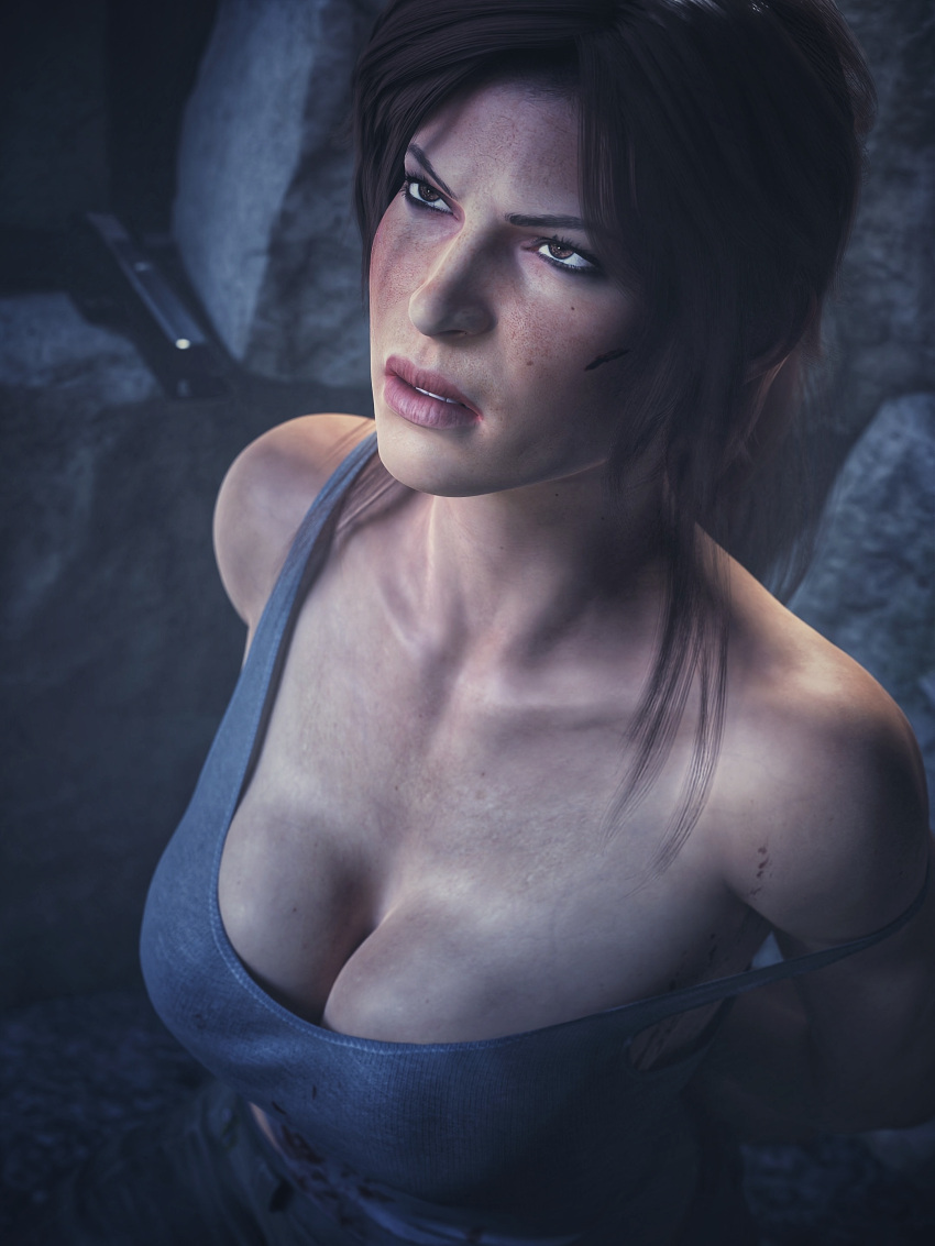 1girls 3d angry big_breasts bound bound_wrists breasts brown_eyes brown_hair cleavage clothed death_glare defiant elisanetishar female female_only frown glaring gun hands_behind_back implied_restraints kneeling lara_croft lara_croft_(survivor) large_breasts looking_up off_shoulder ponytail solo solo_female tank_top tomb_raider tomb_raider_(survivor)