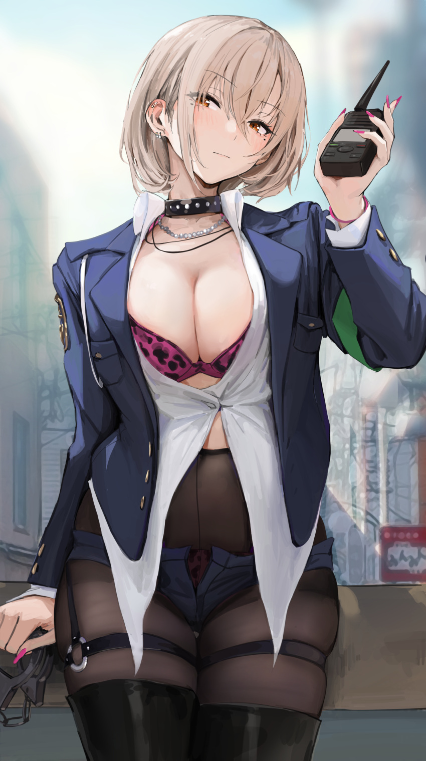 1girls big_breasts bra chela77 choker leopard_print long_nails looking_at_viewer necklace original pantyhose police_uniform short_hair suit