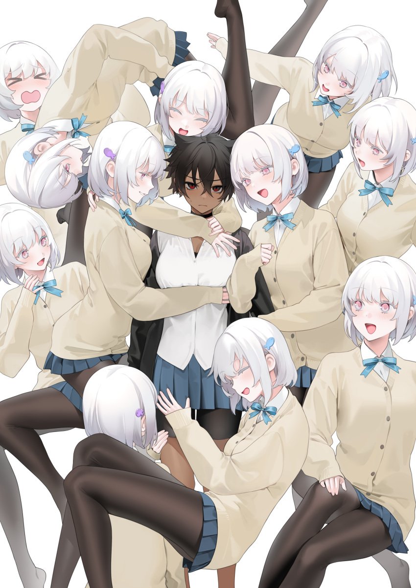 >_< :d black_choker black_hair black_jacket black_legwear blouse blue_ribbon blue_skirt blush breasts cardigan choker cleavage couple dark-skinned_female female female_only hair_between_eyes hair_ornament half-closed_eyes highres hug hug_from_behind jacket long_sleeves looking_at_viewer micchan_(ohisashiburi) miniskirt multiple_girls nacchan_(ohisashiburi) neck_ribbon ohisashiburi original original_character original_characters pantyhose pink_eyes pleated_skirt red_eyes revision ribbon school_uniform shirt short_hair simple_background skirt smile tomboy very_short_hair white_background white_hair white_shirt yuri