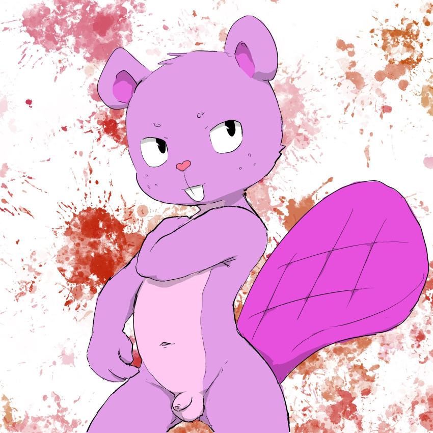 1:1 anthro beaver belly belly_markings big_tail blood blood_splatter bodily_fluids buckteeth flaccid foreskin freckles fur genitals happy_tree_friends heart heart_nose hi_res long_foreskin male mammal markings nekotanyanneko penis purple_body purple_fur rodent small_penis solo tail teeth toothy_(htf) uncut unretracted_foreskin