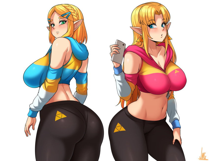 2girls a_link_between_worlds alternate_costume ass bangs bimbo blonde_hair blue_eyes blush breasts colored earrings elf_ears green_eyes hood jmg large_ass large_breasts long_hair long_sleeves midriff navel nintendo phone princess_zelda short_hair square_crossover tagme tears_of_the_kingdom the_legend_of_zelda tight_clothing triforce triforce_earrings yoga_pants zelda_(a_link_between_worlds) zelda_(tears_of_the_kingdom)