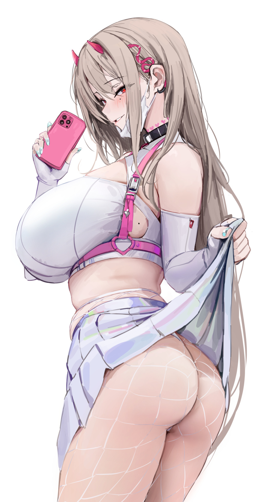 1girls big_breasts big_butt butt_focus cellphone chela77 collar collared fishnets goddess_of_victory:_nikke grey_hair horns long_hair long_nails mouth_mask pink_horns pink_phone short_skirt skirt_lift smug tight_clothes viper_(nikke) white_clother