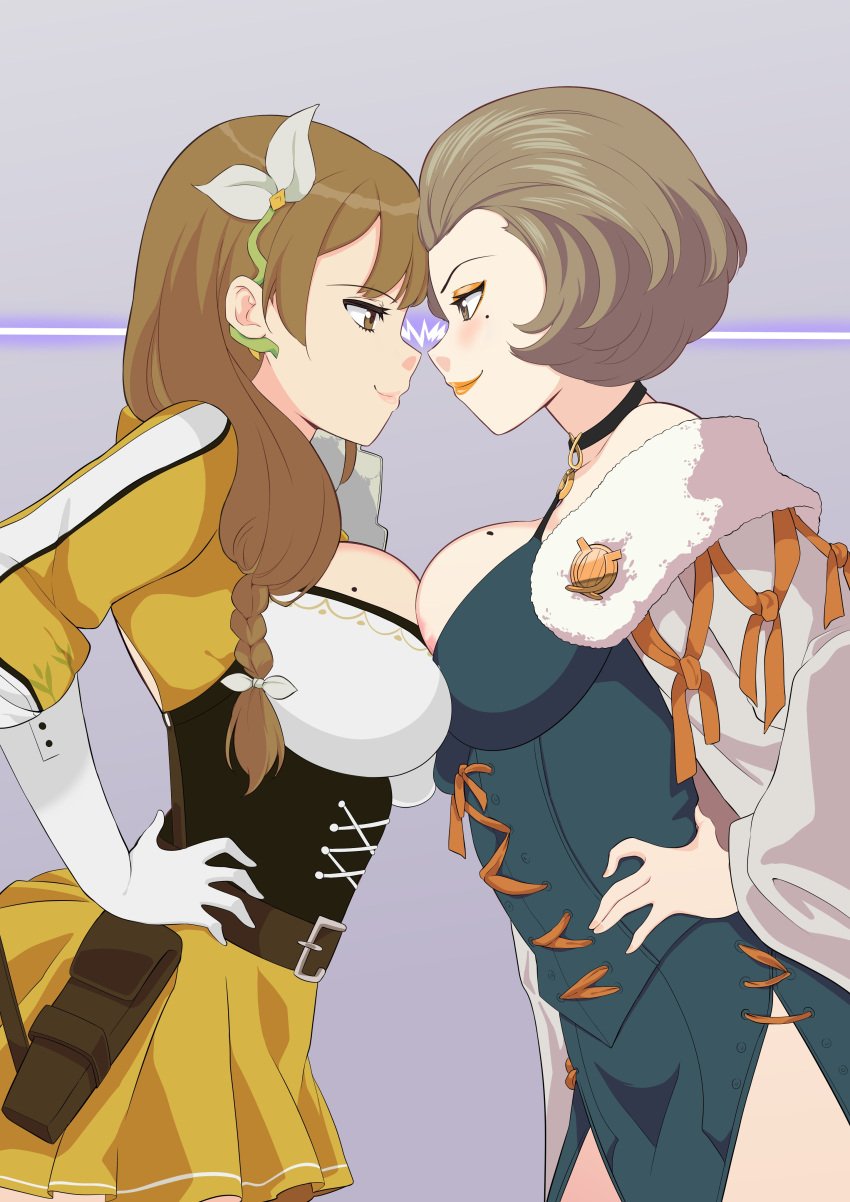 2girls asymmetrical_docking bangs bare_thighs beauty_mark braid breast_press breasts brown_eyes brown_hair catfight cleavage_cutout confident dress elbow_gloves eyeshadow fefex female female_only fire_emblem fire_emblem:_three_houses fire_emblem_engage gloves goldmary_(fire_emblem) hair_over_shoulder hand_on_waist large_breasts lightning_stare lipstick long_hair looking_at_another manuela_casagranda mole mole_on_breast multiple_girls nintendo orange_eyeshadow orange_lips orange_lipstick rivals rs40uchiha short_hair side_ponytail skirt smile staredown thighs