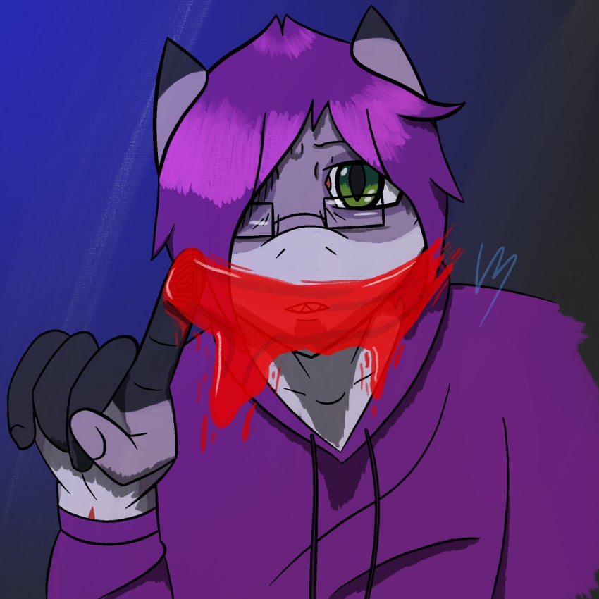 ambiguous_gender anthro blood blood_on_finger blood_painting bodily_fluids clothing derrik_(r3znor_x) eyewear fingernails fish glasses green_eyes grey_body grey_skin hair hi_res hoodie marine messy_hair nails purple_clothing purple_hair purple_hoodie purple_topwear r3znor_x scar shark solo topwear wrist_scar