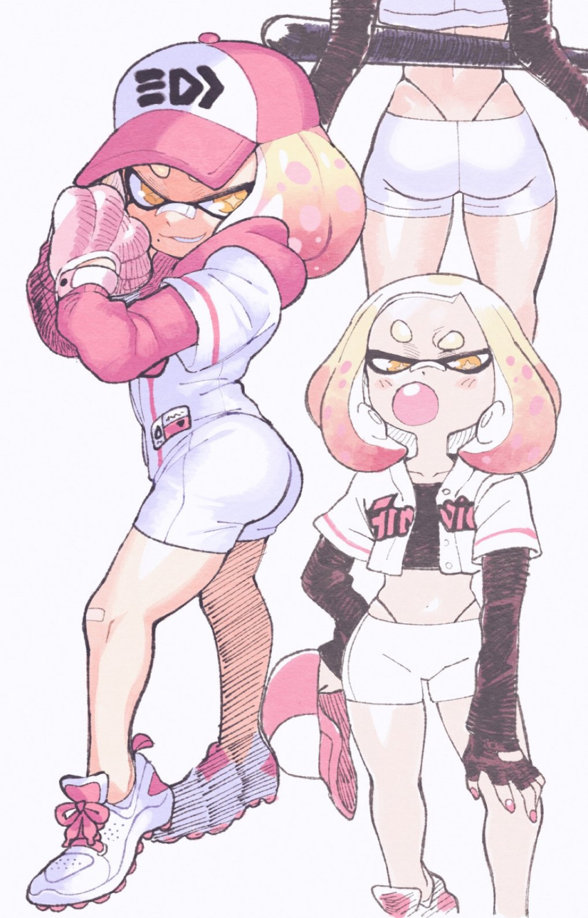 ass ass_focus bandage bandage_on_nose bandages baseball_bat baseball_cap baseball_glove baseball_uniform behind_view belly belly_button bubble bubble_gum butt cap clothed clothing crop_top female inkuusan multiple_images nintendo painted_nails panties pearl_(splatoon) pink_hair pink_hat shoes short_shorts shorts small_breasts splatoon splatoon_2 standing stomach thong tight_clothing white_skin yellow_eyes