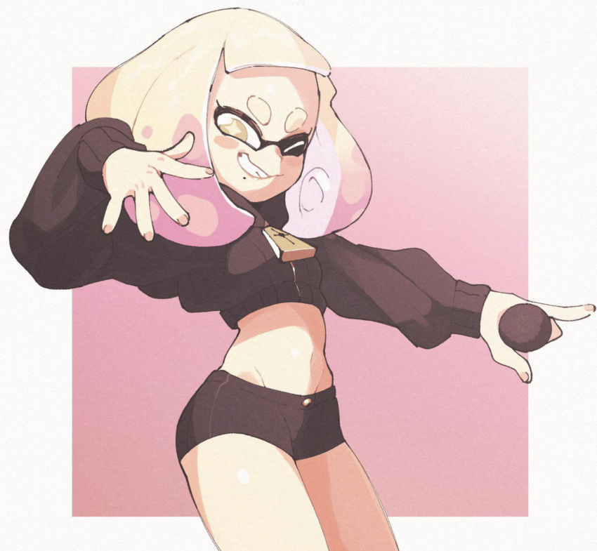 clothed clothing crop_top female inkuusan microphone nintendo pearl_(splatoon) shorts simple_background smile smiling solo solo_female splatoon splatoon_2 thighs