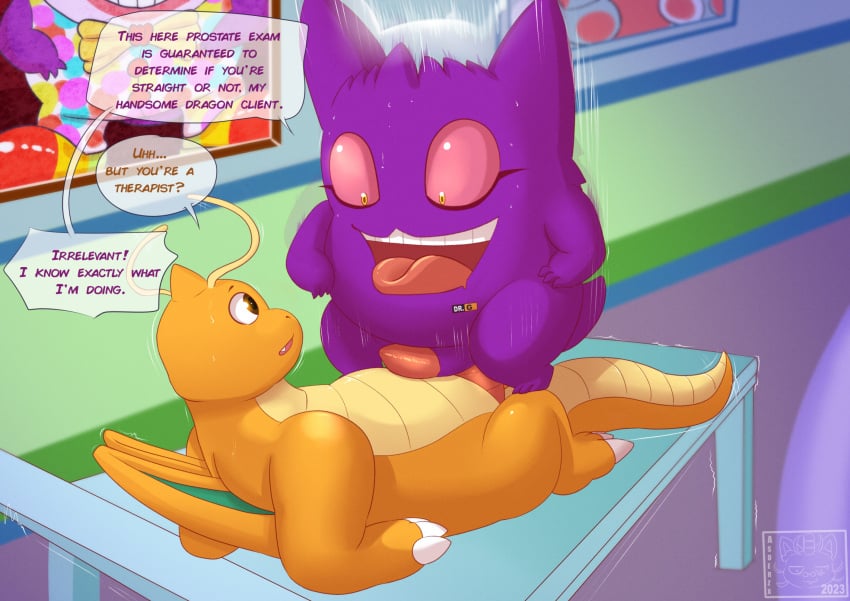 anal asderzx cowgirl_position dialogue doctor dr._ginger_(asderzx) dragonite duo from_front_position generation_1_pokemon gengar hi_res male male/male motion_lines nintendo on_bottom on_top patient penis pokemon pokemon_(species) sex