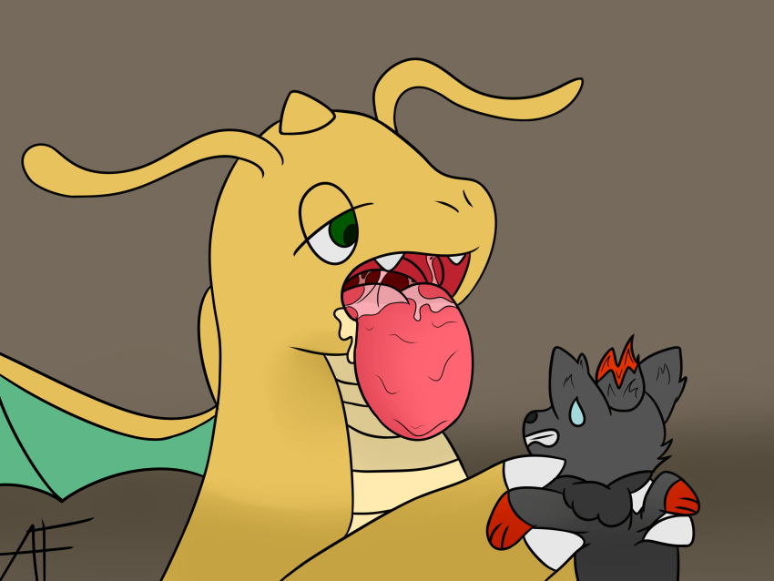 absurd_res afraidpichu bodily_fluids dragonite drooling feral generation_1_pokemon generation_5_pokemon green_eyes handheld hi_res male mouth_shot nintendo open_mouth oral_vore pokemon pokemon_(species) saliva teeth tongue vore zorua